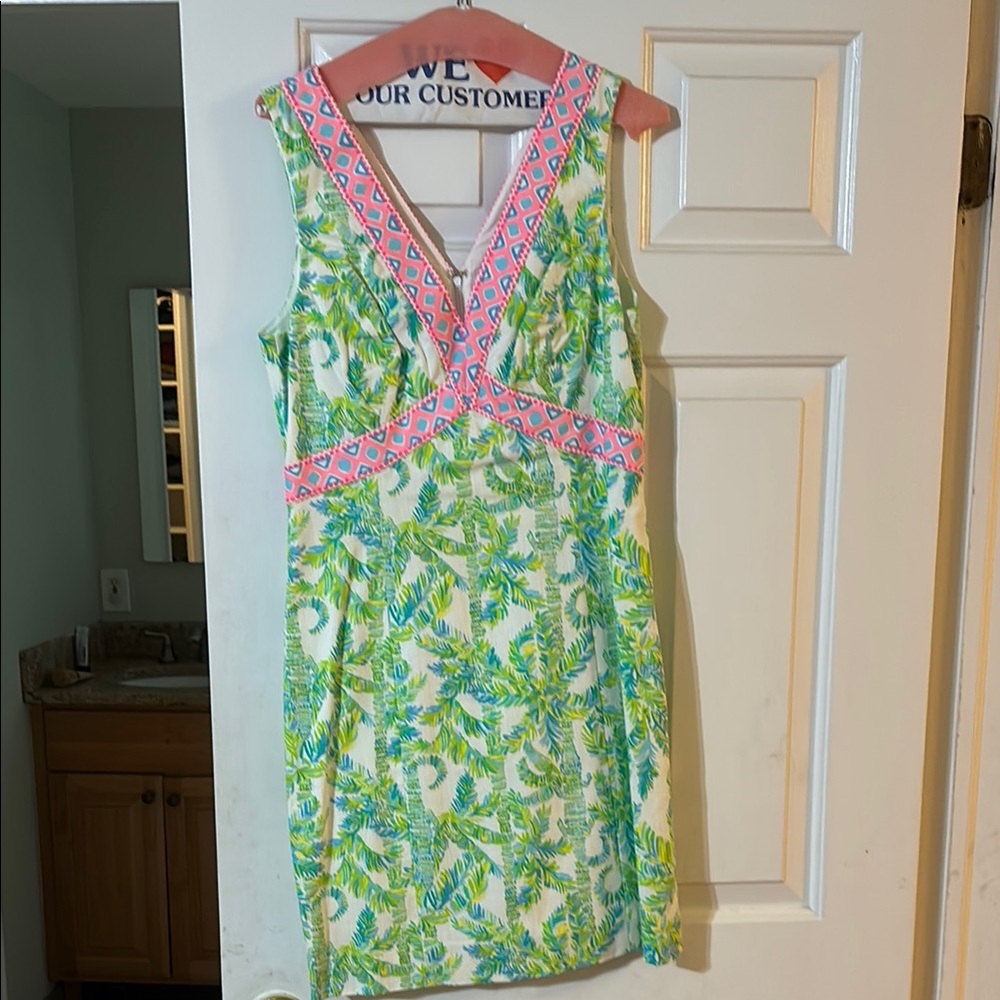 Lilly Pulitzer Green Leaf Dress with Pink Trim